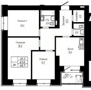 3-к квартира, строящийся дом, 69м2, 13/16 этаж