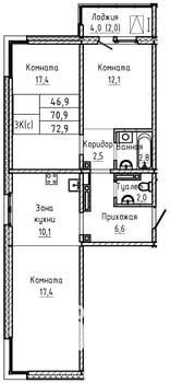 3-к квартира, строящийся дом, 73м2, 12/17 этаж