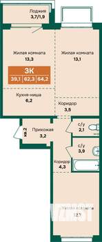 3-к квартира, строящийся дом, 64м2, 1/12 этаж