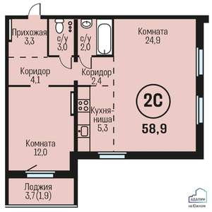 2-к квартира, строящийся дом, 59м2, 18/19 этаж