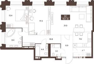 3-к квартира, строящийся дом, 108м2, 12/16 этаж