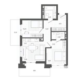 2-к квартира, строящийся дом, 70м2, 5/9 этаж