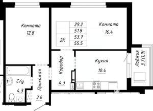 2-к квартира, строящийся дом, 54м2, 8/10 этаж