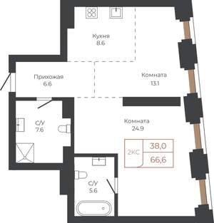 2-к квартира, строящийся дом, 67м2, 5/27 этаж