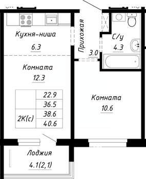 2-к квартира, строящийся дом, 39м2, 6/10 этаж
