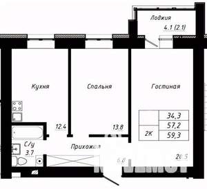 2-к квартира, строящийся дом, 59м2, 9/10 этаж