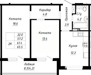 2-к квартира, строящийся дом, 61м2, 2/10 этаж