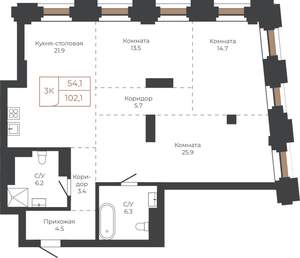 3-к квартира, вторичка, 102м2, 17/27 этаж