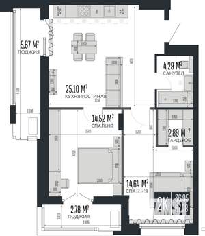 2-к квартира, вторичка, 67м2, 2/15 этаж