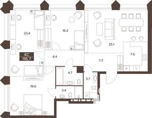 3-к квартира, строящийся дом, 117м2, 6/16 этаж