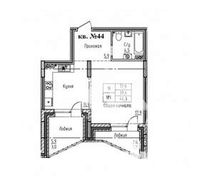 1-к квартира, вторичка, 44м2, 8/9 этаж