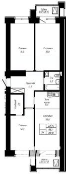 3-к квартира, строящийся дом, 89м2, 13/16 этаж