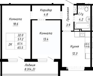 2-к квартира, строящийся дом, 61м2, 10/10 этаж