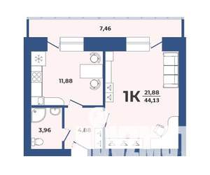1-к квартира, строящийся дом, 44м2, 2/9 этаж