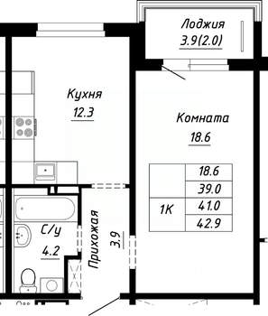 1-к квартира, строящийся дом, 41м2, 7/10 этаж