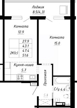 2-к квартира, строящийся дом, 47м2, 1/10 этаж