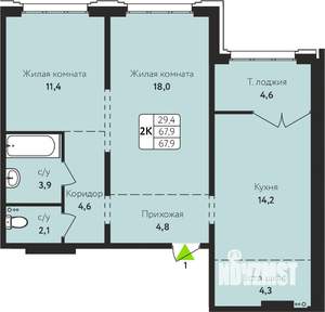 2-к квартира, строящийся дом, 68м2, 9/17 этаж