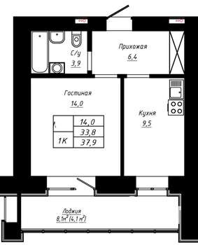 1-к квартира, строящийся дом, 38м2, 14/16 этаж