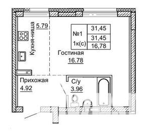 1-к квартира, строящийся дом, 31м2, 2/9 этаж