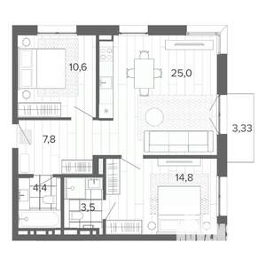 3-к квартира, строящийся дом, 69м2, 7/9 этаж