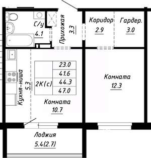 2-к квартира, строящийся дом, 44м2, 1/10 этаж