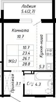 1-к квартира, строящийся дом, 26м2, 8/10 этаж