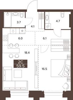 2-к квартира, строящийся дом, 60м2, 3/16 этаж