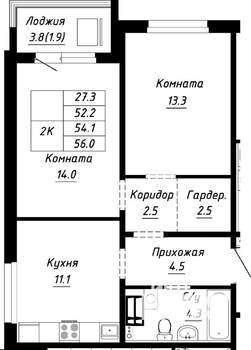 2-к квартира, вторичка, 54м2, 1/10 этаж