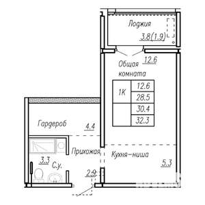 1-к квартира, строящийся дом, 30м2, 13/17 этаж