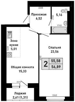 2-к квартира, вторичка, 57м2, 10/16 этаж