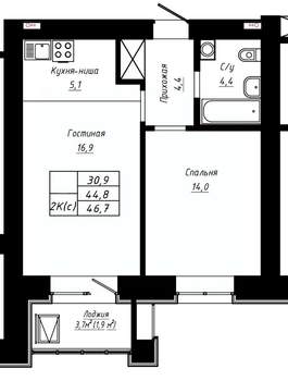 2-к квартира, строящийся дом, 47м2, 11/16 этаж
