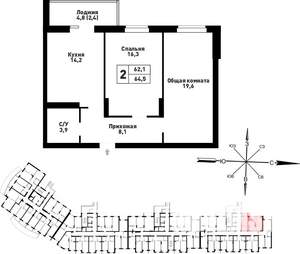 2-к квартира, строящийся дом, 64м2, 19/25 этаж