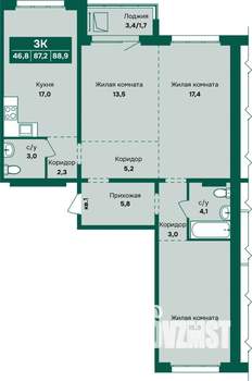 3-к квартира, строящийся дом, 89м2, 8/12 этаж