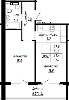 2-к квартира, строящийся дом, 47м2, 2/10 этаж