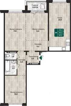3-к квартира, строящийся дом, 87м2, 11/17 этаж
