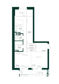 3-к квартира, вторичка, 68м2, 2/14 этаж