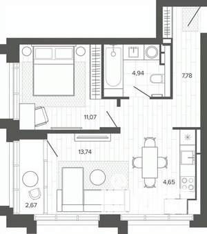 1-к квартира, строящийся дом, 44м2, 5/19 этаж