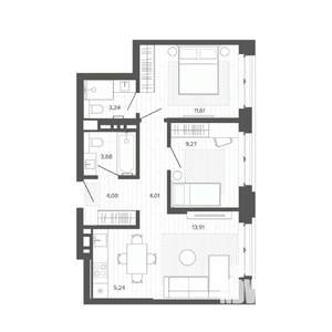 3-к квартира, строящийся дом, 55м2, 2/9 этаж