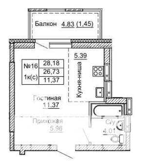 1-к квартира, строящийся дом, 28м2, 6/9 этаж