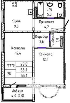 2-к квартира, строящийся дом, 55м2, 4/17 этаж