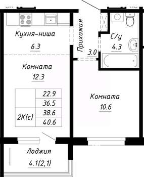 2-к квартира, строящийся дом, 39м2, 8/10 этаж