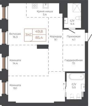 3-к квартира, строящийся дом, 85м2, 18/27 этаж