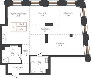 3-к квартира, строящийся дом, 103м2, 4/27 этаж