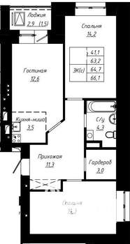 3-к квартира, строящийся дом, 65м2, 15/16 этаж