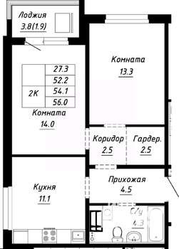 2-к квартира, строящийся дом, 54м2, 8/10 этаж