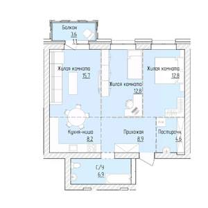3-к квартира, строящийся дом, 71м2, 7/8 этаж
