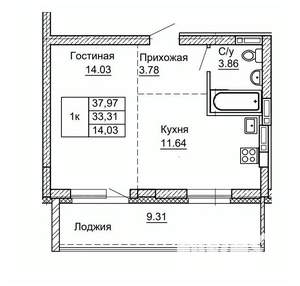 1-к квартира, строящийся дом, 38м2, 5/9 этаж