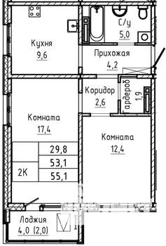 2-к квартира, строящийся дом, 55м2, 1/17 этаж
