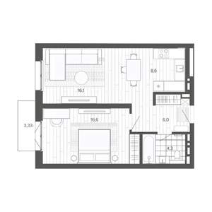 2-к квартира, строящийся дом, 55м2, 6/9 этаж