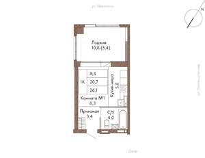 1-к квартира, строящийся дом, 26м2, 4/16 этаж